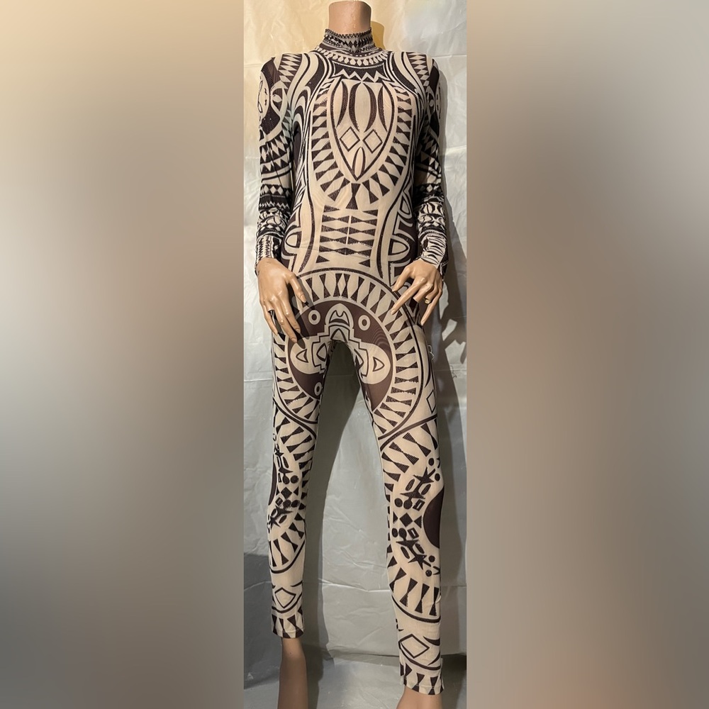 Kikiriki Tribal Patterned Beige and Brown Women’s Jumpsuit Size L